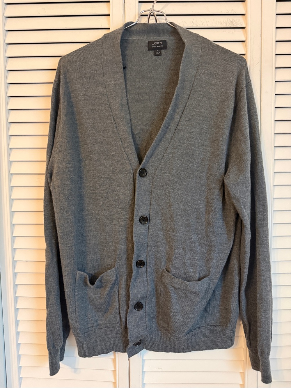 J Crew Mens Merino Wool Button Down Gray V Neck Cardigan Medium Academia Preppy